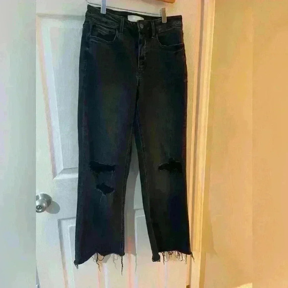 Vervet blue size 27 black bootcut distressed  denim raw hem wide leg - Picture 3 of 10